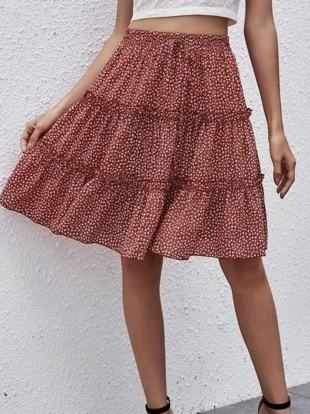 Tiered Rust Colored Floral A-Line Skirt